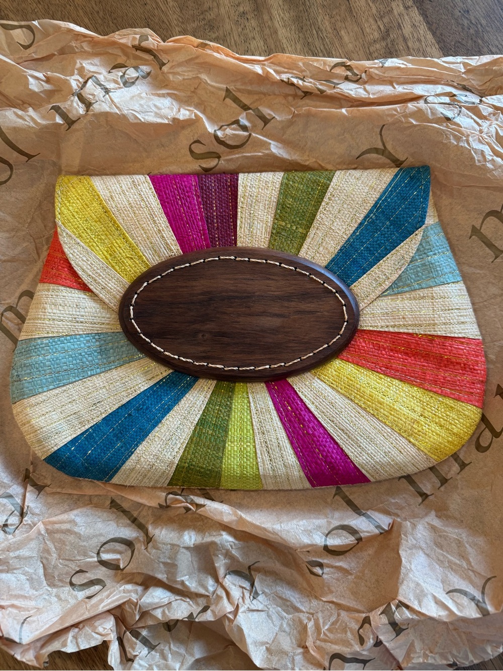 NWT Mar Y Sol Multicolor Woven Raffia Sunburst Clutch with Wood Accent